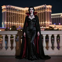 realistic matte painting, full length portrait, the vampire duchess of blood owns las vegas at night, fangs, pale, confidant, highly detailed, CGsociety, concept art, HDR, hyper realistic, volumetric lighting, subsurface scattering, unreal,