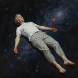 alan watts laying down floating in the universe full body romanticism style painting highly detailed realism, featured on artstation