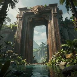 an intricate concept art of a large structure tribal door opening in an undergrowth lagoon, artstation, sci - fi, hyper realistic, concept art, art by dylan cole, cinematic lighting, octane render
