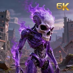 terminator purple flaming skull, destroyed town on background, fantasy artwork, very beautiful scenery, hd, hdr, ue 5, ue 6, unreal engine 5, cinematic 4 k wallpaper, 8 k, ultra detailed, by popular digital, details, beautiful image ever created, high resolution, artstation, award winning, detailed body, details face, realistic body proportions