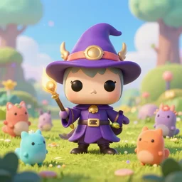 Aquarius as a cute Wizard playing in a magical field surrounded by super super cute creatures, funko pop, digital art, artstation, cinematic photo, ratio 16:9