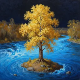 A highly detailed oil painting of a very tall golden tree in the middle of a tiny rock and dirt island surrounded by a very large river glowing bright blue, with a very fast current.