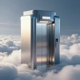 a computer generated image of a elevator in the clouds, concept art by dom qwek, trending on cg society, futurism, futuristic, volumetric lighting, aesthetic