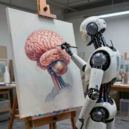 photorealistic illustration of a sci - fi android artist in a modern art studio, making an oil painting on a large canvas, the picture is of a human brain, deviantart, artstation