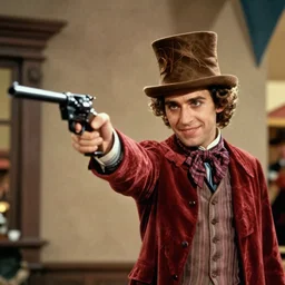 willy wonka brandishing a revolver, 1970's film still, film grain