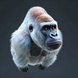 a gorilla with iridescent translucent hair, gorilla is floating, head looking up, digital art, ethereal