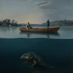 style of hubert robert, over - under shot split shot above and below water, below water creature lurking under the water, lake, above water man on boat above water, evening, stars