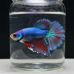 a octane render of a siamese fighting fish inside a jar on the table, close - up studio photo, lighting path traced, highly detailed, high quality, hyper - realistic, max accurate,