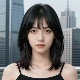 « attractive, middle length hair, black hair, girl, photorealistic, unreal engine 5, highly detailed, sharpe focus, front view, ghost in the shell, building skyscraper in the background »