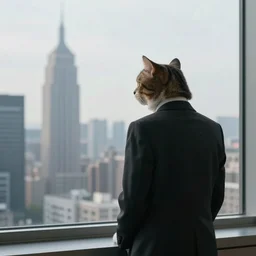a still of a cat in a suit looking out at a city skyline, cinematic,