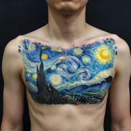 a young man has beautiful glowing tattoos on his chest and shoulders that are abstract in design. the tattoo artist has done an excellent job of making each tattoo look both unique and interesting by vincent van gogh and dave dorman, style of dieselpunk