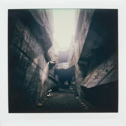 looking down into a concrete canyon, foggy, megalophobia, old polaroid, expired film,
