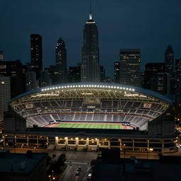 art deco sports stadium on top of a skyscraper, Chicago, dark city, olympics event 1930's, moody lighting, cinematic, Road to Perdition stillframe, establishing shot