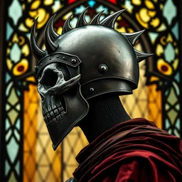 side - view portrait of an evil knight, skull helmet with spikes on top, gothic stained glass window, very masterful