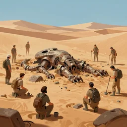 concept art by jama jurabaev, cel shaded, cinematic shot, trending on artstation, high quality, brush stroke, the research team is investigating the remains of an ancient monster buried in the desert