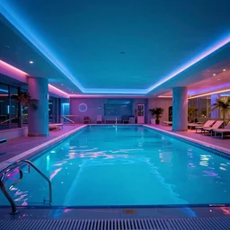 A photo of a indoors pool with cyberpunk illumination