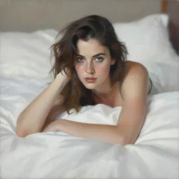 portrait painting of a woman posing in an artistic over a bed, white satin sheets by jeremy mann, only one head single portrait