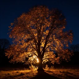 a photo of a nighttime scene with a fire illuminating the trees