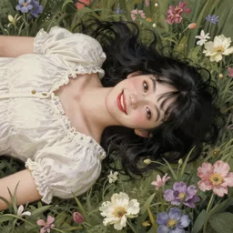 happy girl with black hair, red lips, lying in a field of flowers, highly detailed, matte painting, french rococo painting, illustration,