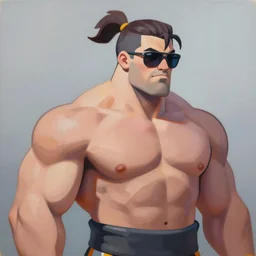 greg manchess portrait of thick muscular weightlifter zarya from overwatch with ponytail and short dark hair wearing dark sunglasses, medium shot, asymmetrical, profile picture, organic painting, sunny day, matte painting, bold shapes, hard edges, street art, trending on artstation, by huang guangjian and gil elvgren and sachin teng