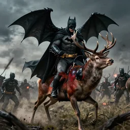 batman riding red deer that possessed by dark demons, in battlefield, face detailed, dark, cinematic lighting, chaotic, wide shot, photorealistic, photograph