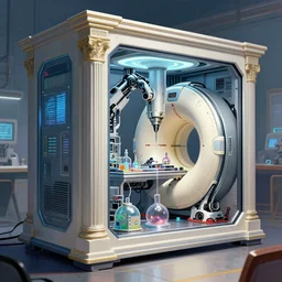 futuristic robotic neoclassical computer case cybernetic symbiosis thick bifurcated robotic cnc surgical hybrid mri 3 d printer machine making a bio chemical lab, sci - fi, highly detailed, vibrant color digital painting,, artstation, concept art, smooth, sharp focus, illustration, art by greg rutkowski and artgerm and alphonse mucha, f 3 2,