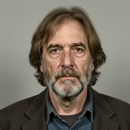 A mugshot portrait of a old man who looks like Jerma985 with a mid-length horseshoe haircut with a beard, wearing mid-1980s menswear in the late 2008, taken in the late 2010s, grainy, realistic, hyperrealistic, very realistic, highly detailed, very detailed, extremely detailed, detailed, trending on artstation, front facing, front view, headshot and bodyshot, detailed face, very detailed face