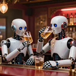 robots drinking alcohol, inside a bar, vibrant colors, hyper-realistic, extreme detail, sharp photo, beautiful, cinematic 4K,, by Sorayama