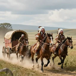 fantasy art digital ai art hyper ultra 4 k photo cinematic sharp focus fantastic detail sioux indians attacking a horses pulling wagons