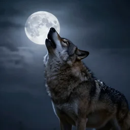 wolfman howling at the moon, moody lighting, light cloud, atmospheric