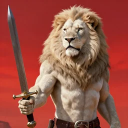 commission of a male anthropomorphic albino lion holding a sword,digital art,art by greg rutkowski,trevor henderson,ross tran,photorealistic,hyperdetailes,highly realistic,natural lighting,deviantart,artstation,dramatic,cinematic,4k,western comic style,the sky is red,sharp lineart,hard shadows