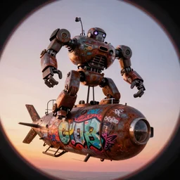 memorable animation key shot, fish eye lens, climbing up the rusty crab robot submarine schwerer gustav!!!! covered in bold grafitti, sunset, paint drip, colorful murals, studio ghibli, pixar, disney concept art watercolor illustration by craig mullins, dean cornwell, nc wyeth, satoshi kon!