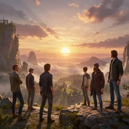 A magnificent sunset view of a fantasy world, Oleg Zherebin, Darek Zabrocki, Marcin Rubinkowski, Lorenzo Lanfranconi, Karlkka, trending on Artstation, ultra wide angle