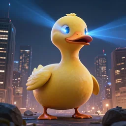 a giant duck kaiju terrorising the city with his laser eyes