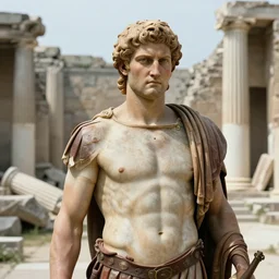 portrait of Achilles, standing in ruins, fallen columns, highly detailed face, photo realistic, clear facial features, tom chambers photography