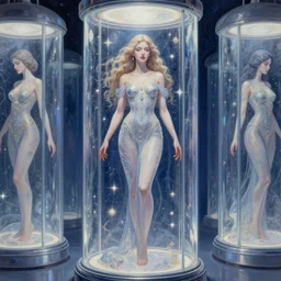 beautiful celestial woman exposed in cryo chamers by James Jean, intricate, elegant, higly detailed, centered, digital paint
