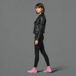 Sideview of Girl in jet black biker jacket, jet black leggins, pink shoes, looking at the camera!, matte painting, by Albert Aublet, Krenz Cushart, WLOP, Sakimichan