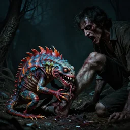 a small very colorful flesh - eating tsikalawa, eating the leg of a terrified man, by dario argento and david cronenberg, fear, morbid, nightmare, supernatural, 8 k, digital art, highly detailed, chiaroscuro, creepy, terrifying