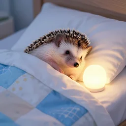 cute hedgehog sleeping in bed with nightlight beside it, comfortable, bright colours, night, cute, adorable, covers, blankets, bed, pillow, asleep, bed, blankets, patched blanket