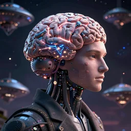a cyborg from alan turingin the metaverse with a big brain full of very powerful neural networks, ultrarealistic, dystopian and utopian art at the same time, octane render, cosmic ufo art