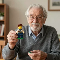 an old man holding up a lego figure to the camera