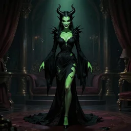 gorgeous eva green, evil demon, full body shot, torn black dress, evil smile, spooky, illustration, symmetrical face realistic eyes, cinematic lighting, artgerm, hyperdetailed, charlie bowater, beautiful, elegant, dark bedroom peter mohrbacher