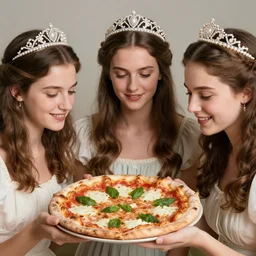 a historical portrait photo of young women sharing a pizza margherita, queen margherita of italy wears tiara and pearl necklace, young sophia loren from naples wears ornamented dress, smooth lighting, exquisit detail, masterpiece, timeless, photography by letizia battaglia