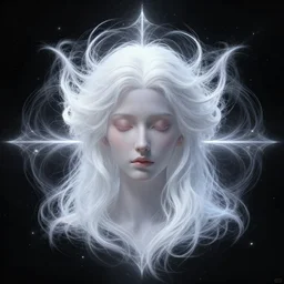 Intricate, perfect symmetry, self-portrait, white haired beautiful goddess, space-black background, astral place, Volumetric Light