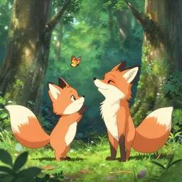 fox as little cat play with butterflies in forest, true colors, anime, japan, makoto shinkai, ultra hd, ray tracing