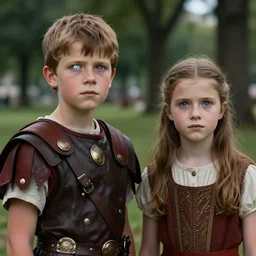 sharp, highly detailed, film from a 2 0 1 9 sci fi 8 k movie, time travelers appear in a park, a boy from the roman empire and a girl from 1 8 7 0, each wearing correct era clothes, atmospheric lighting, in focus, reflective eyes, 3 5 mm macro lens, nice composition