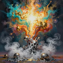 beautiful intricately detailed found unsettling objects that make me feel scared made of liquid mercury and exploding liquid nitrogen, in a vibrant fine detailed modern fine art style by Marc Quinn and Damien Hirst with bright huge fireball explosions of colourful teal and gold flame and holi powder