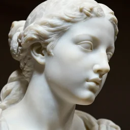 close up of face of a running female fashion model, white marble by auguste rodin, highly detailed
