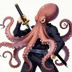 key anime visuals of a octopus mixed with a ninja. a katana in his tentacle. the octopus is dressed as a ninja. highly detailed, intricate, directed by makoto shinkai, anime manga style, trending on art station.