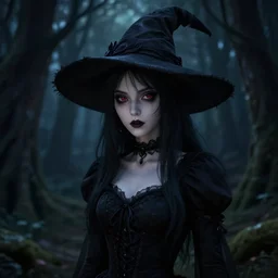 portrait of darkness witch as an anime girl, dark forest background, inspired by Tim Burton, digital painting, unreal engine render, volumetric light, high détail